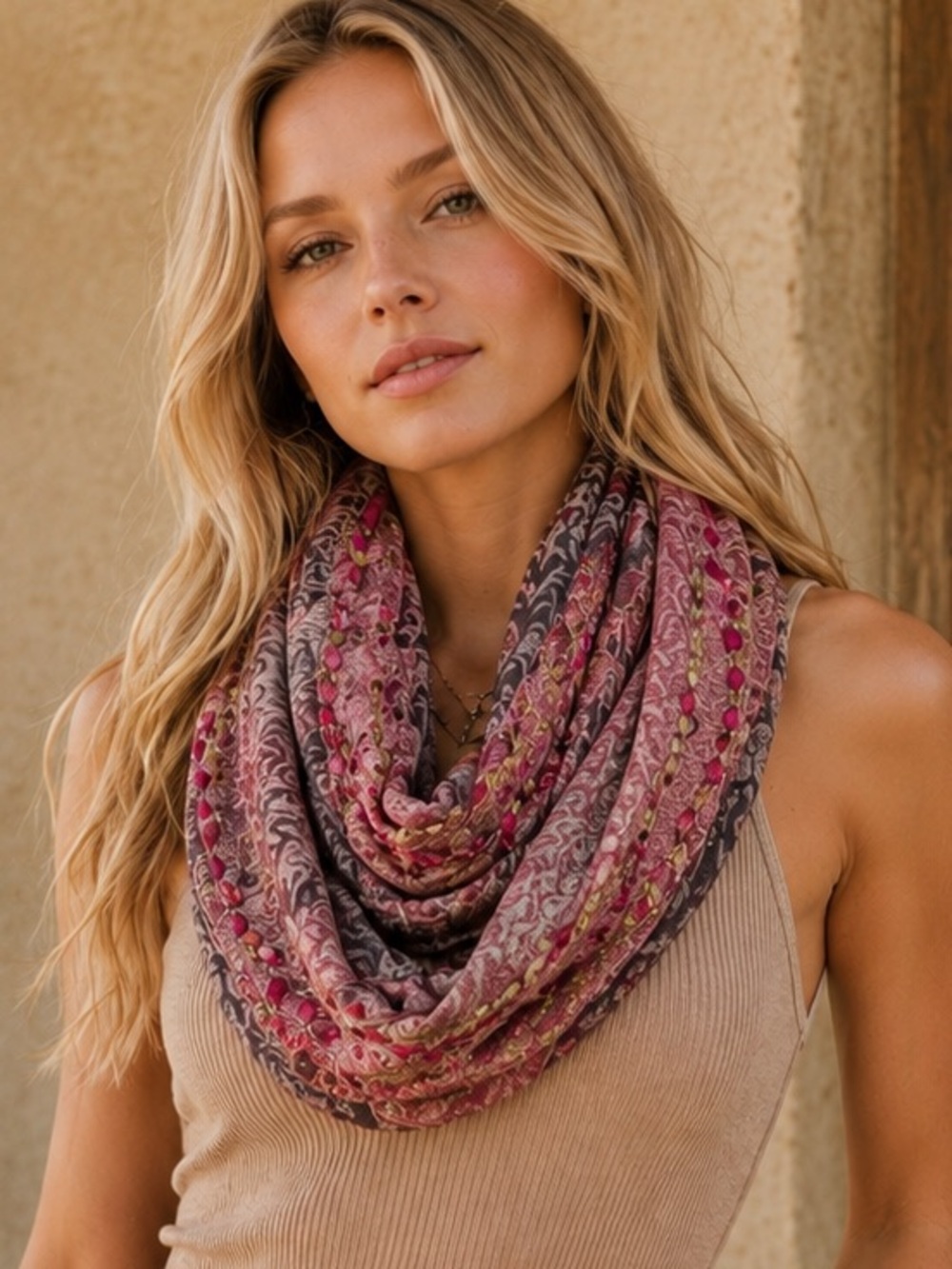 Raj Pink and Gray  Infinity Scarf with Hand Embroidered Accents Flowers - Raj 4